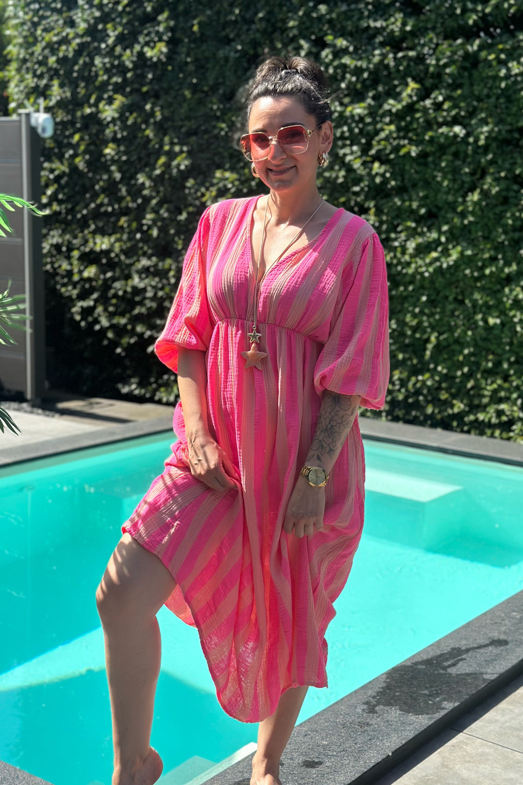 Musselin Kleid mit V-Ausschnitt, pink-altrosa