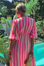 Musselin Kleid mit V-Ausschnitt, pink-gelb