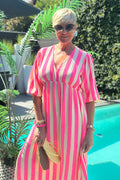 Musselin Kleid mit V-Ausschnitt, pink-gelb
