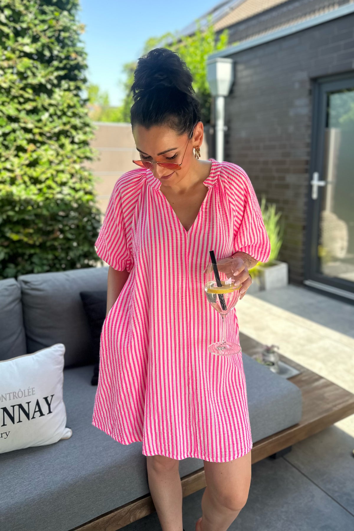 Musselin Kleid/Tunika, gestreift, pink-weiß