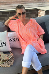 Muslin dress/tunic, striped, orange-light pink