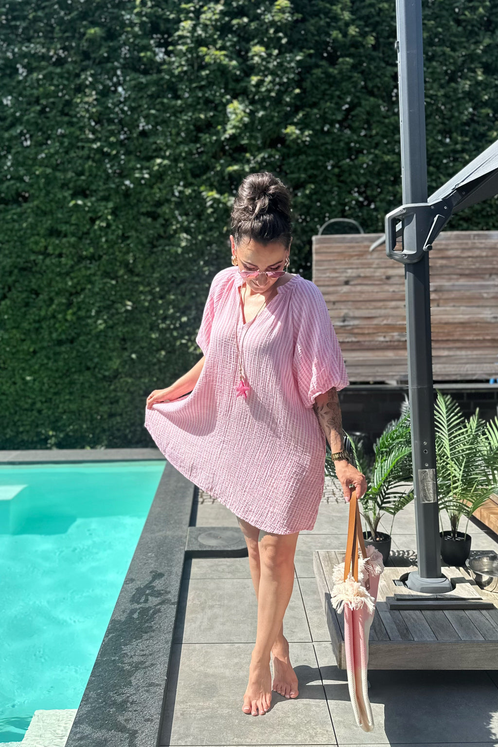 Musselin Kleid/Tunika, gestreift, rosa-weiß