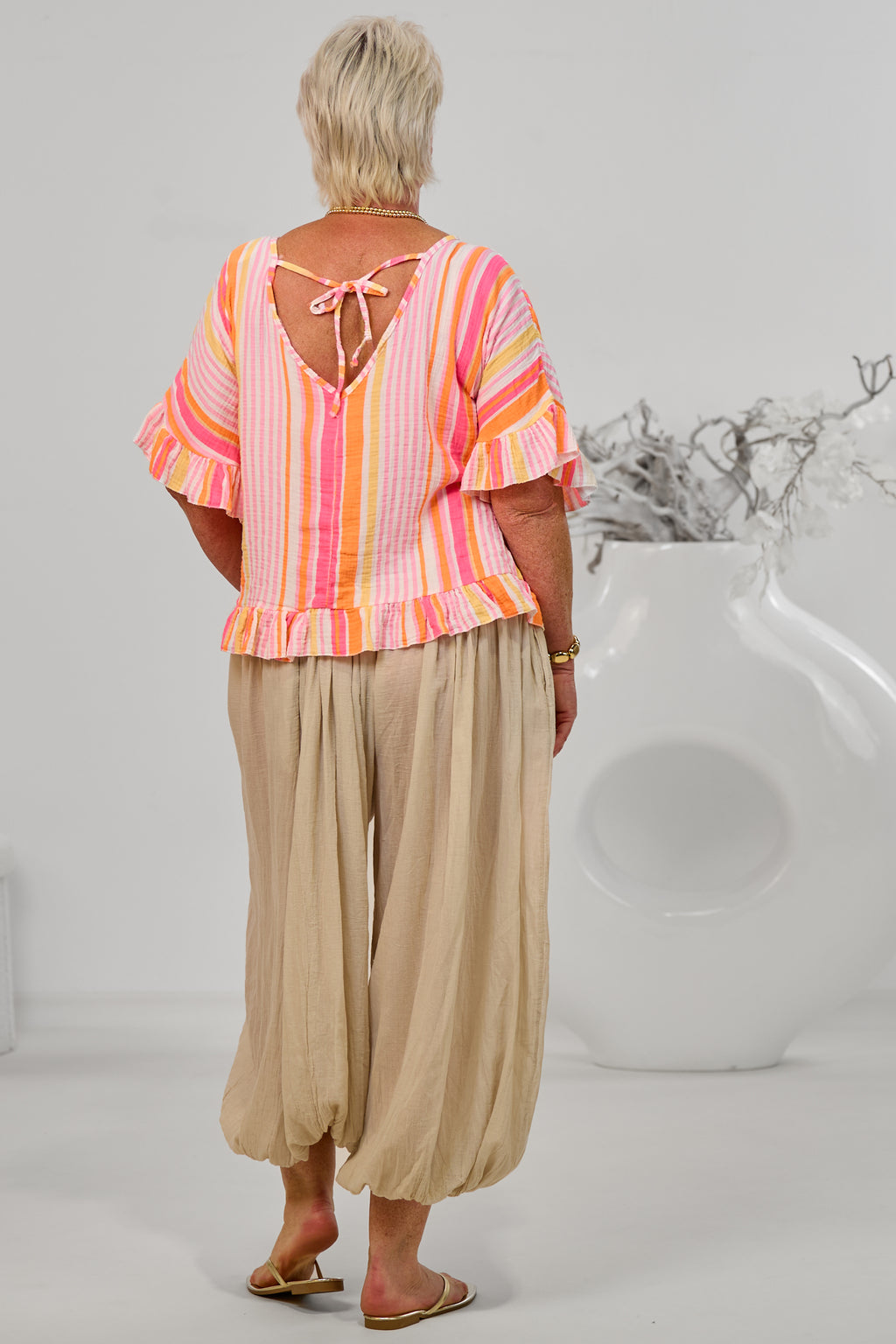 gestreifte Musselin Bluse, orange-rosa