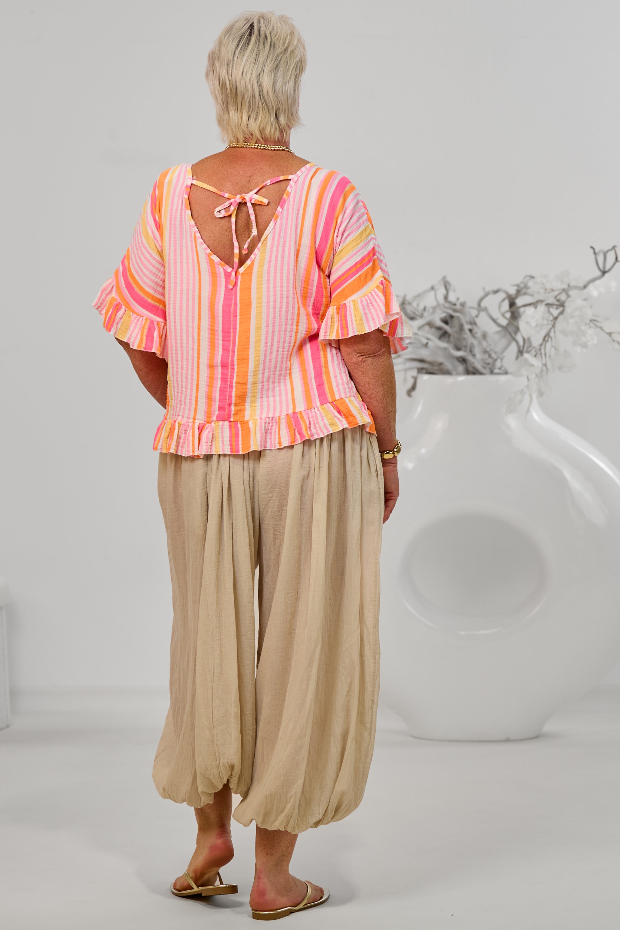 gestreifte Musselin Bluse, orange-rosa