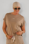 Kurzarm Shirt mit aufgesticktem "Belle", taupe