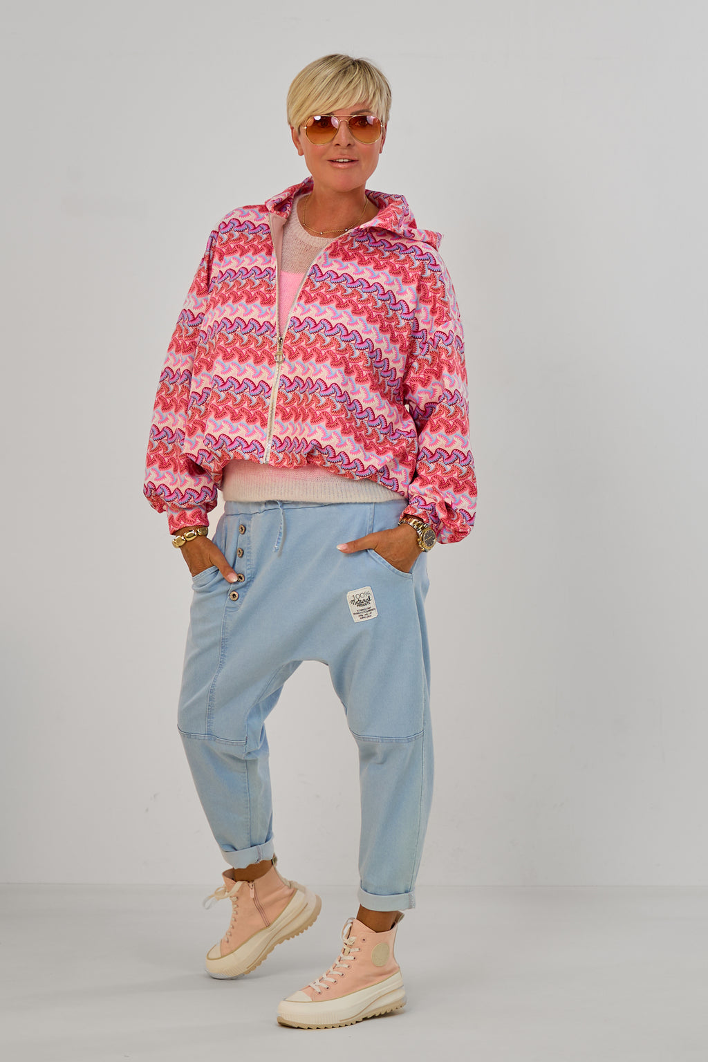 Blouson mit Kapuze im Balloon-Style, rosa gemustert