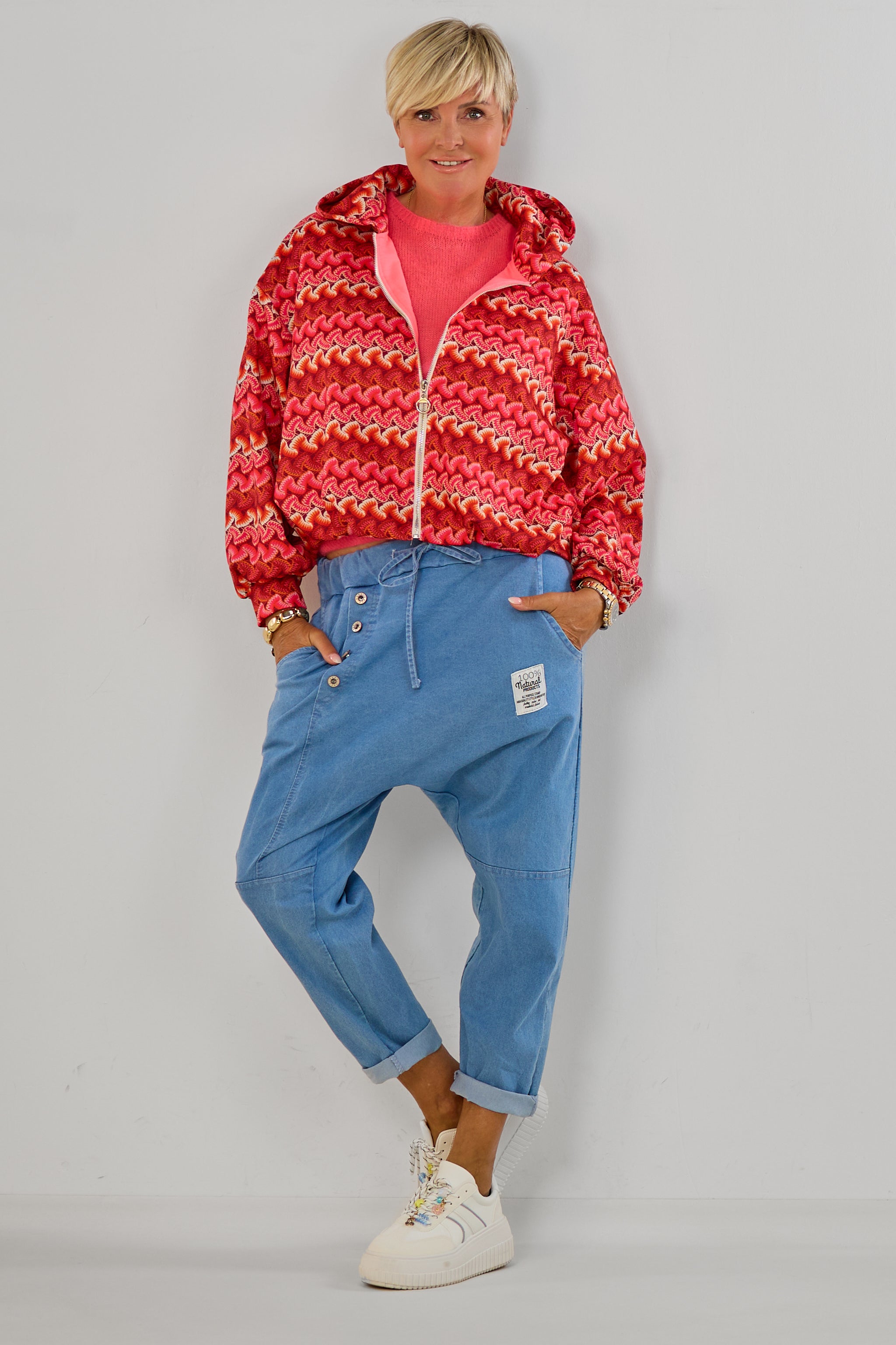 Blouson mit Kapuze im Balloon-Style, rot gemustert