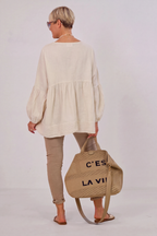 luftige Bluse mit V-Ausschnitt und langen Ärmeln, beige