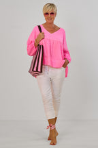luftige Bluse mit V-Ausschnitt und langen Ärmeln, neon pink