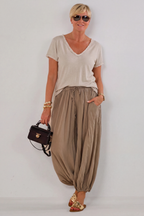 Feinripp T-Shirt mit ausgefranster Bordüre, beige