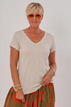 Feinripp T-Shirt mit ausgefranster Bordüre, beige