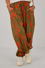 Patterned harem pants with drawstring, khaki-orange
