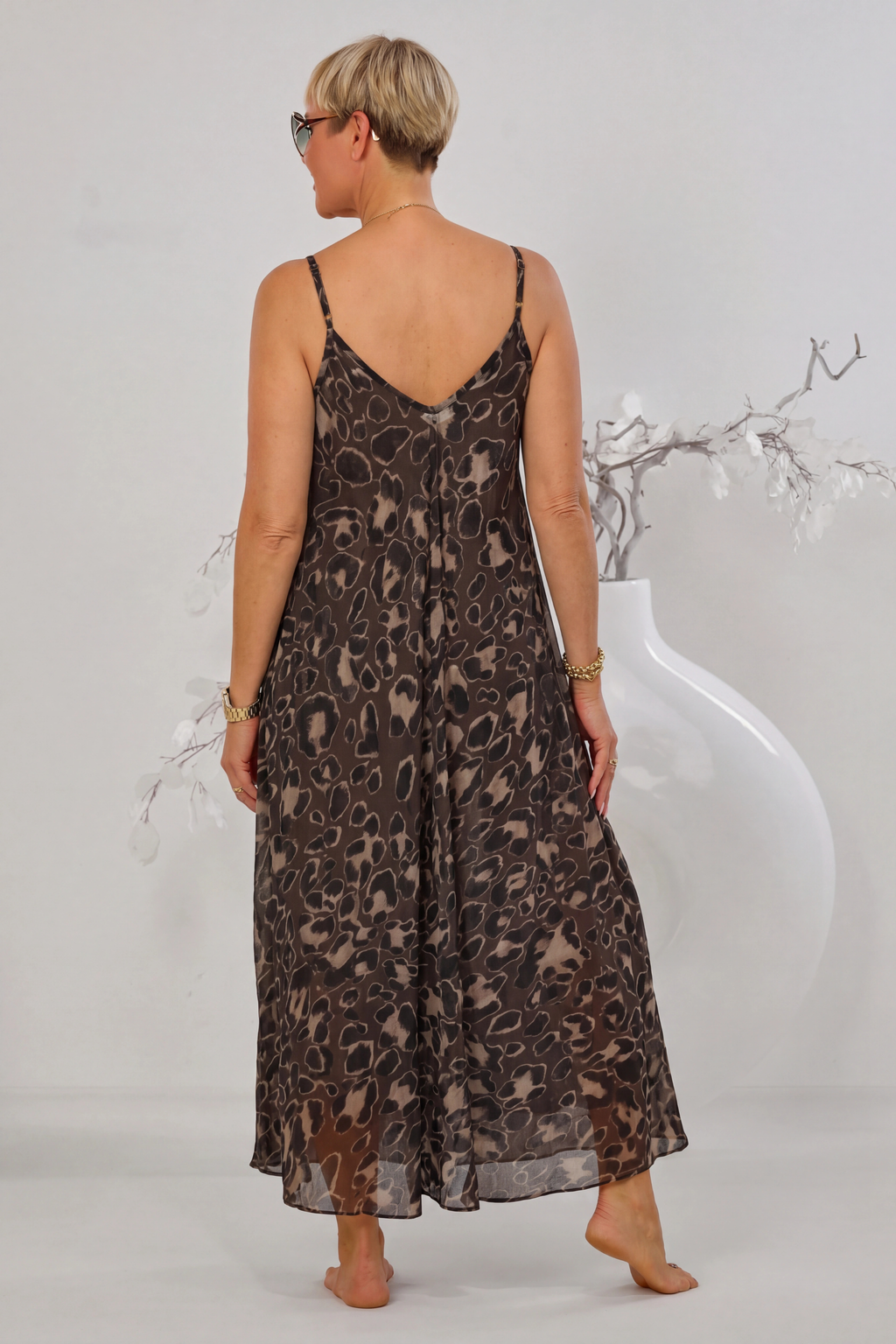 Maxikleid mit Spaghettiträgern, braun-leo