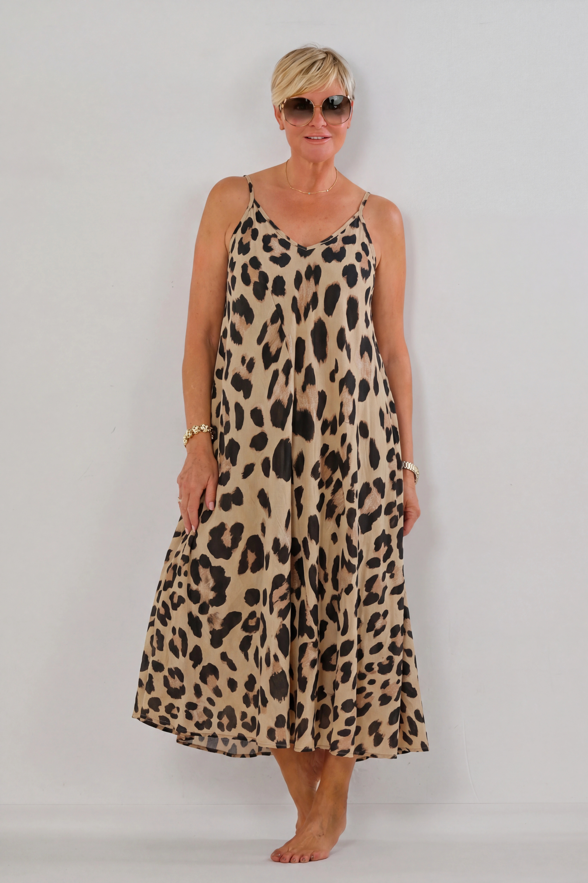 Maxikleid mit Spaghettiträgern, camel-leo