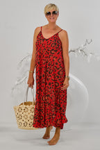 Maxikleid mit Spaghettiträgern, rot-leo