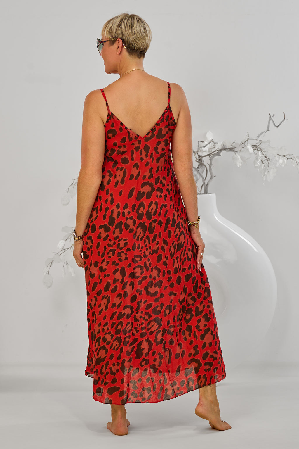 Maxikleid mit Spaghettiträgern, rot-leo