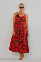 Maxikleid mit Spaghettiträgern, rot-leo
