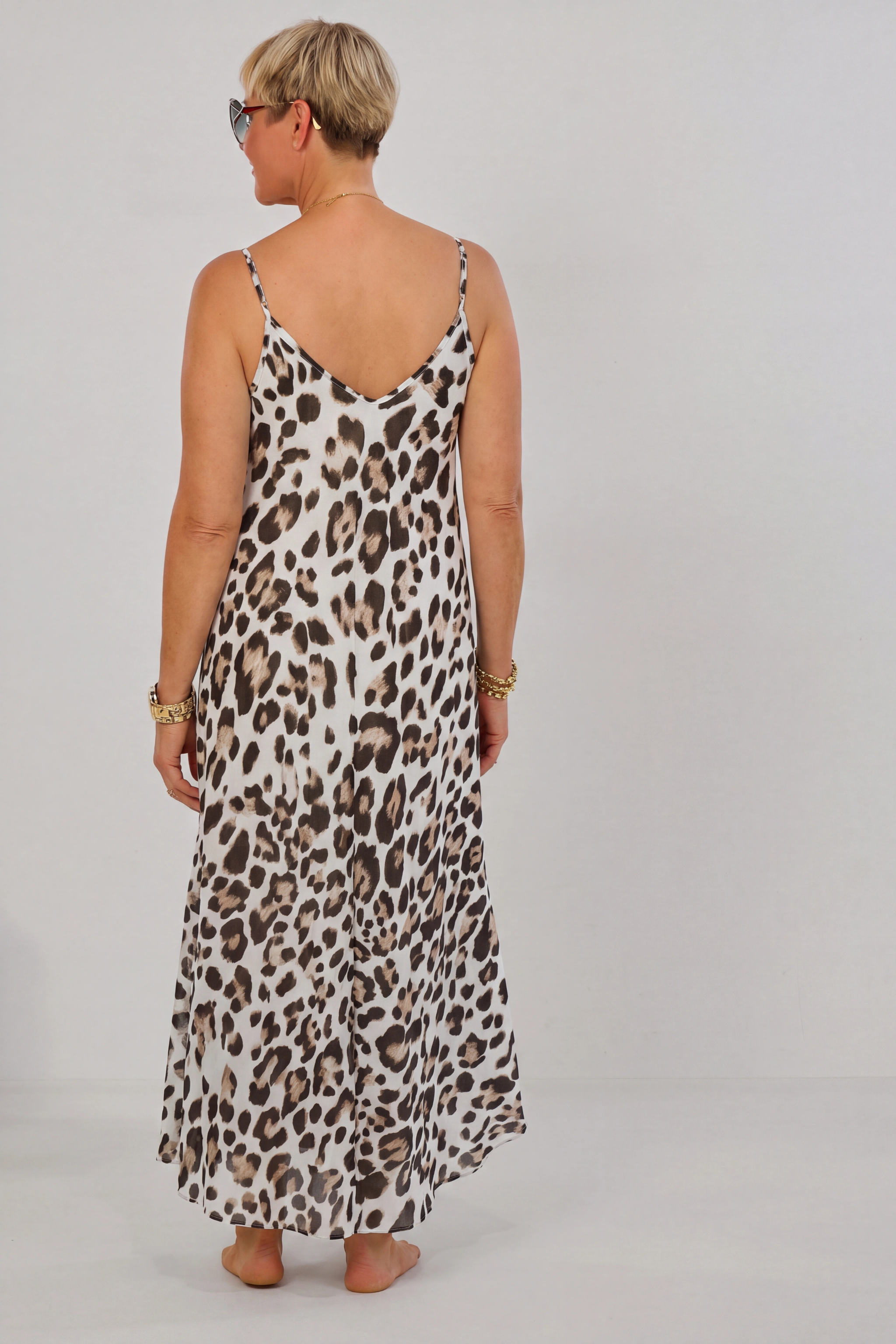 Maxikleid mit Spaghettiträgern, ecru-leo