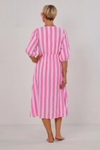 Musselin Kleid mit V-Ausschnitt, pink-weiß