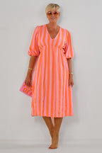 Musselin Kleid mit V-Ausschnitt, orange-rosa