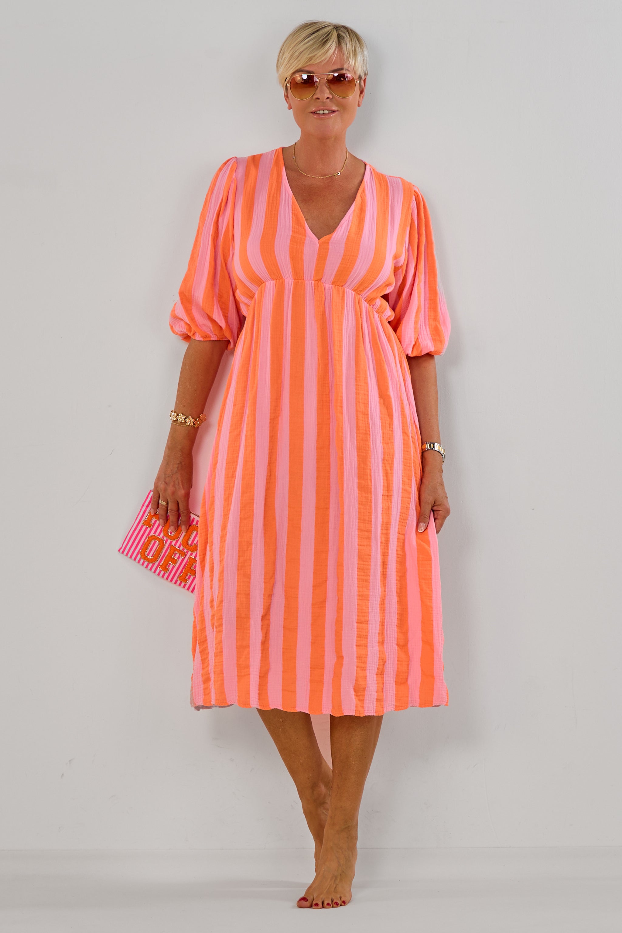 Musselin Kleid mit V-Ausschnitt, orange-rosa