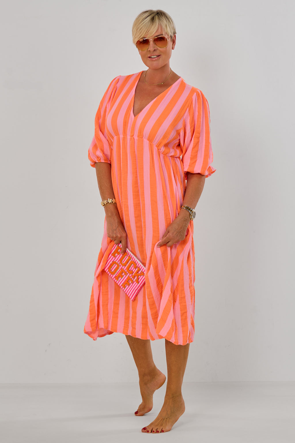 Musselin Kleid mit V-Ausschnitt, orange-rosa