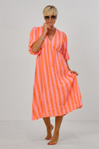 Musselin Kleid mit V-Ausschnitt, orange-rosa