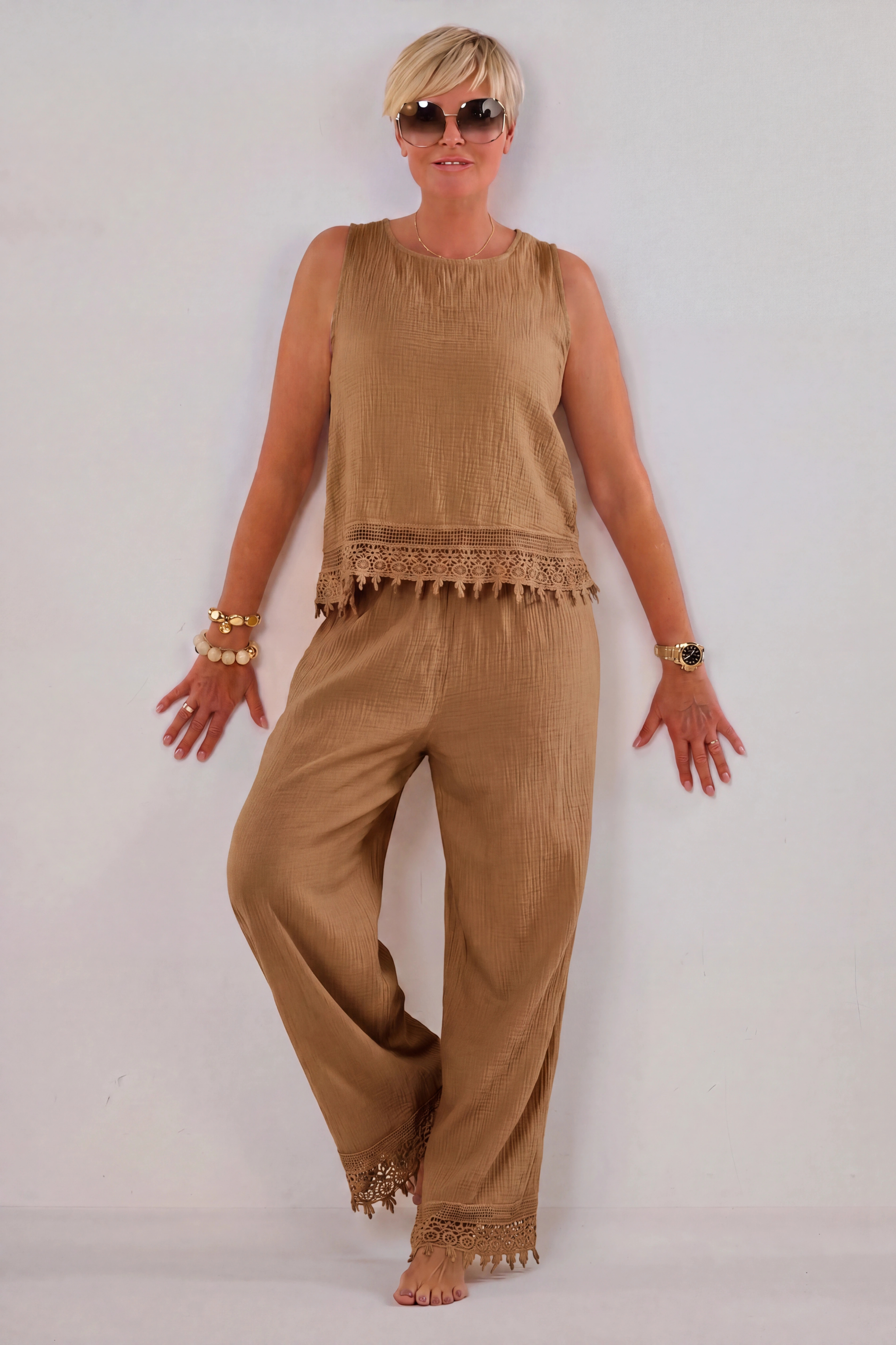 2-tlg. Musselin-Set aus Bluse und Hose, camel