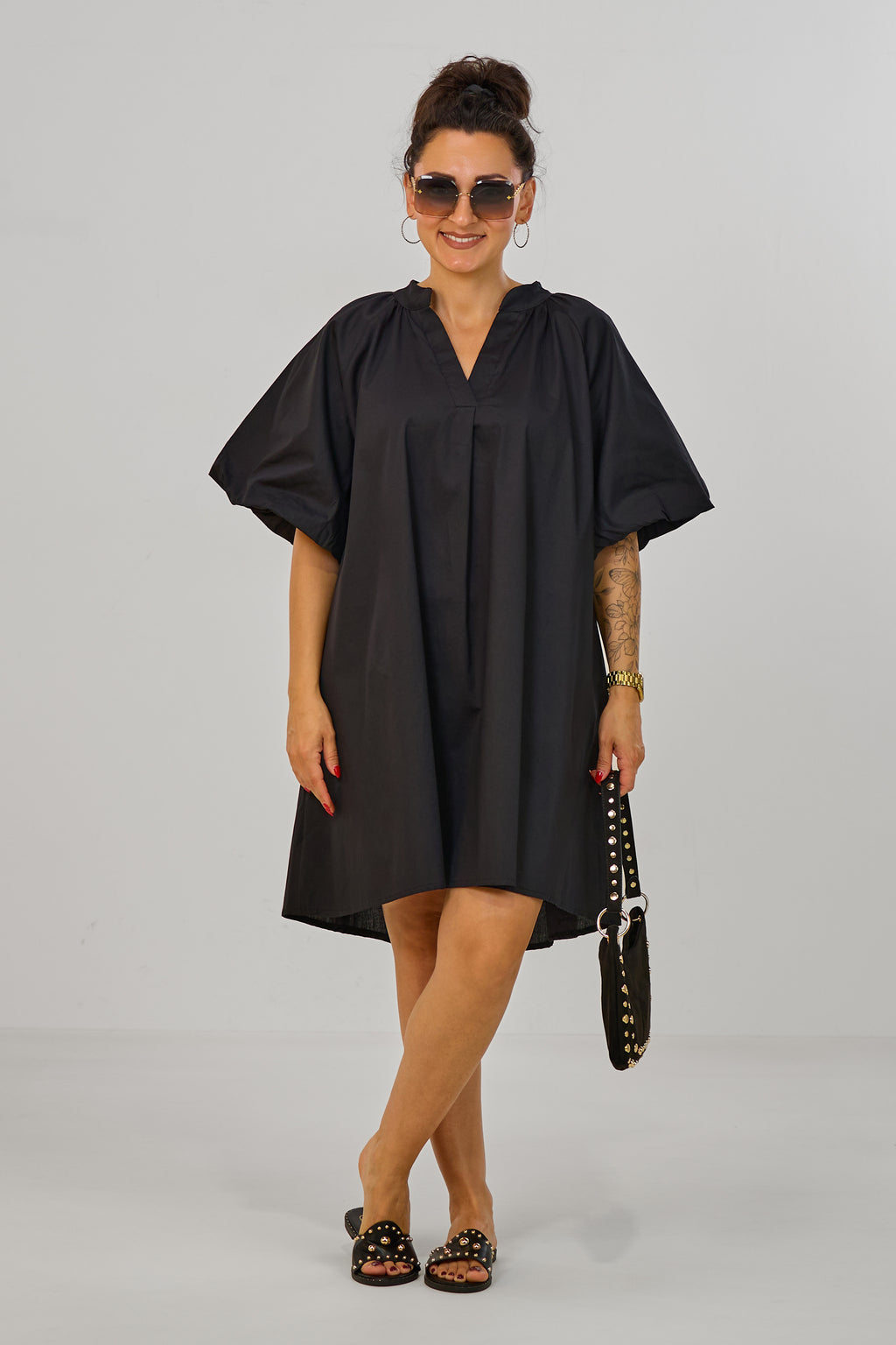Kleid/Tunika mit Puff-Ärmeln, schwarz