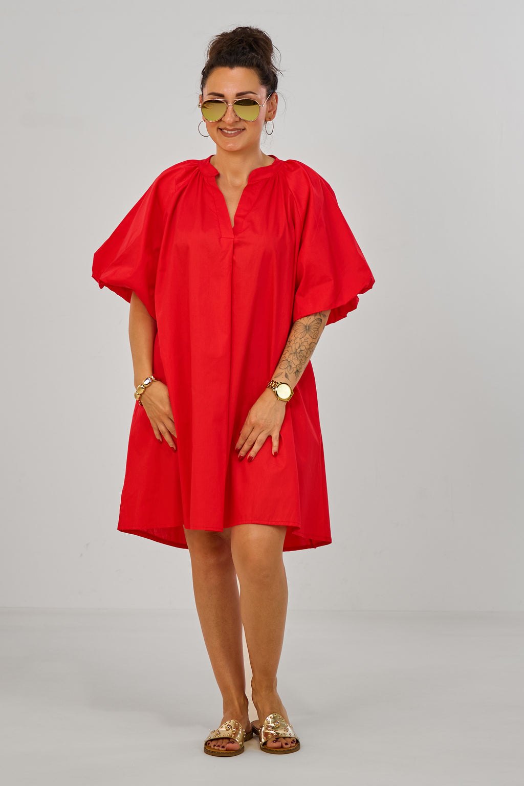 Kleid/Tunika mit Puff-Ärmeln, rot
