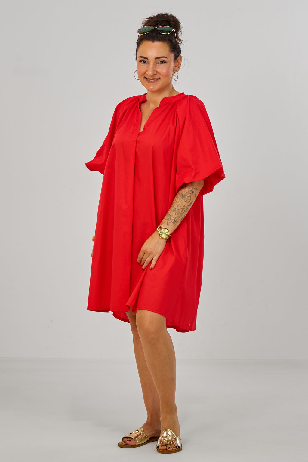 Kleid/Tunika mit Puff-Ärmeln, rot