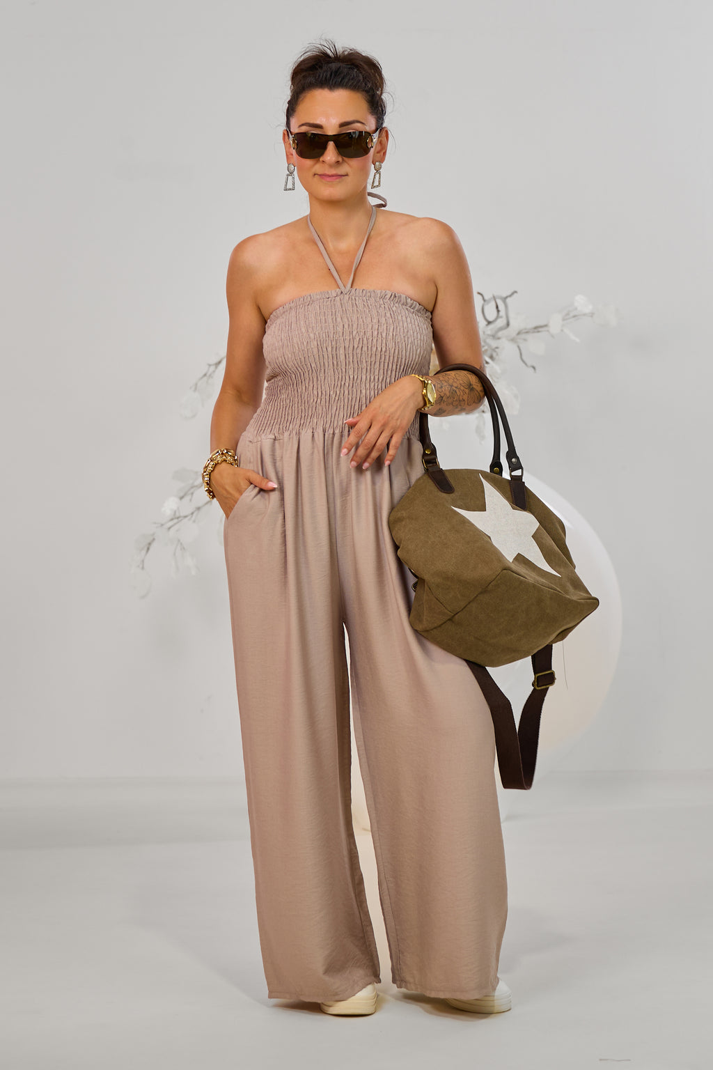 Gesmokter Overall, taupe