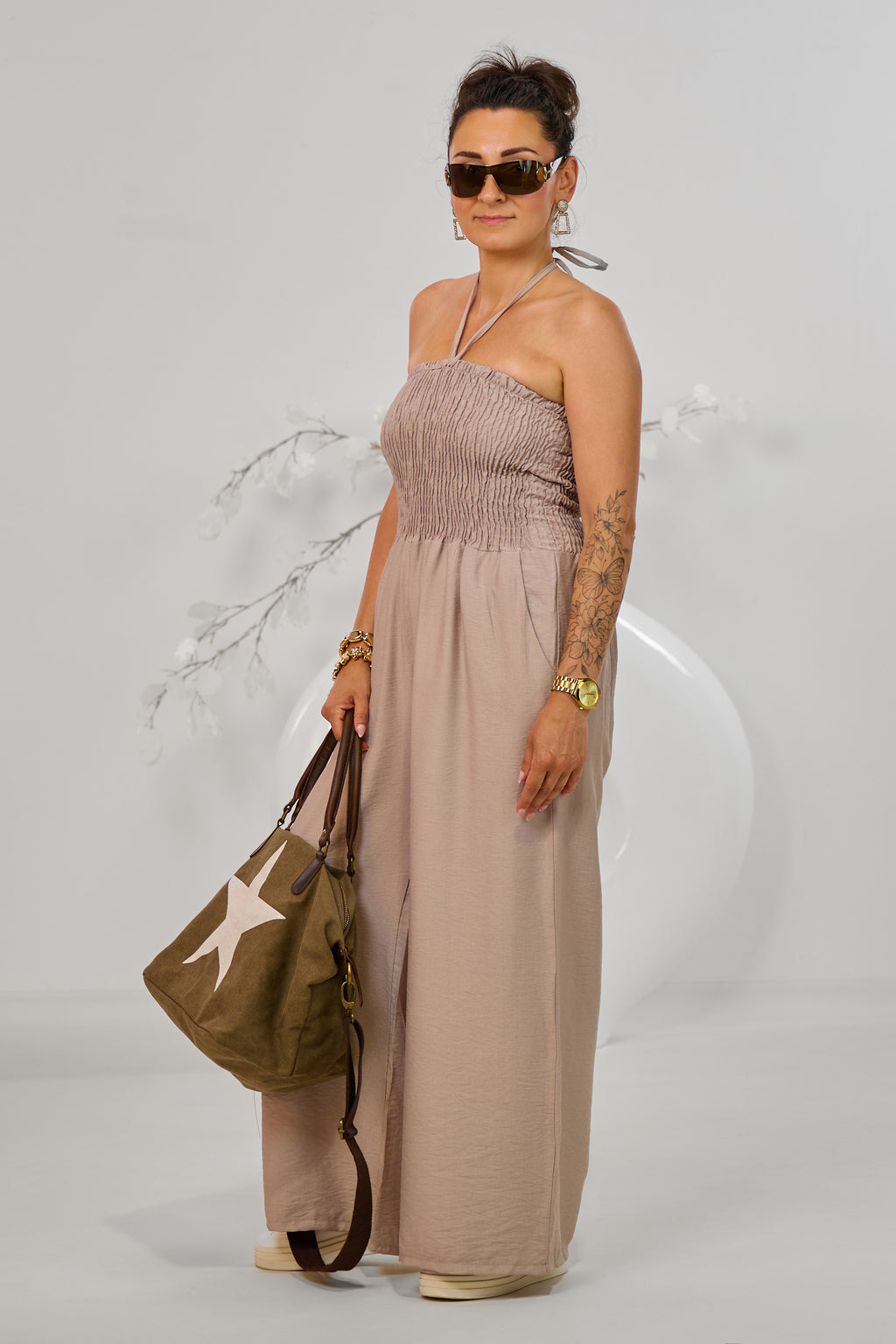 Gesmokter Overall, taupe