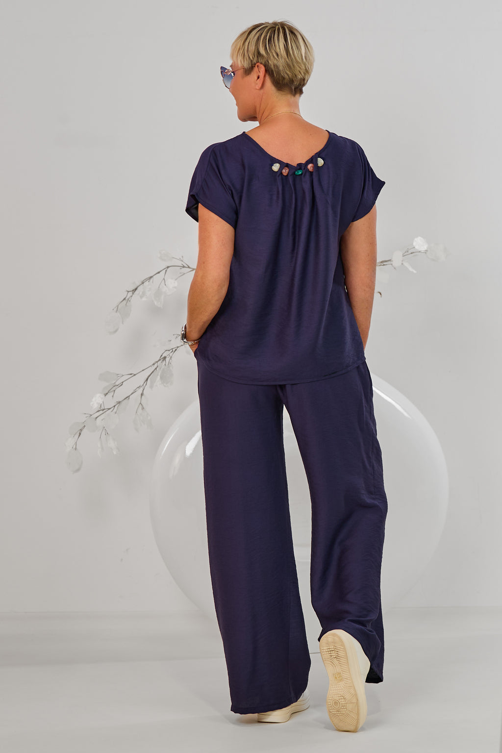 2-tlg. Set aus Bluse und weiter Hose, marineblau