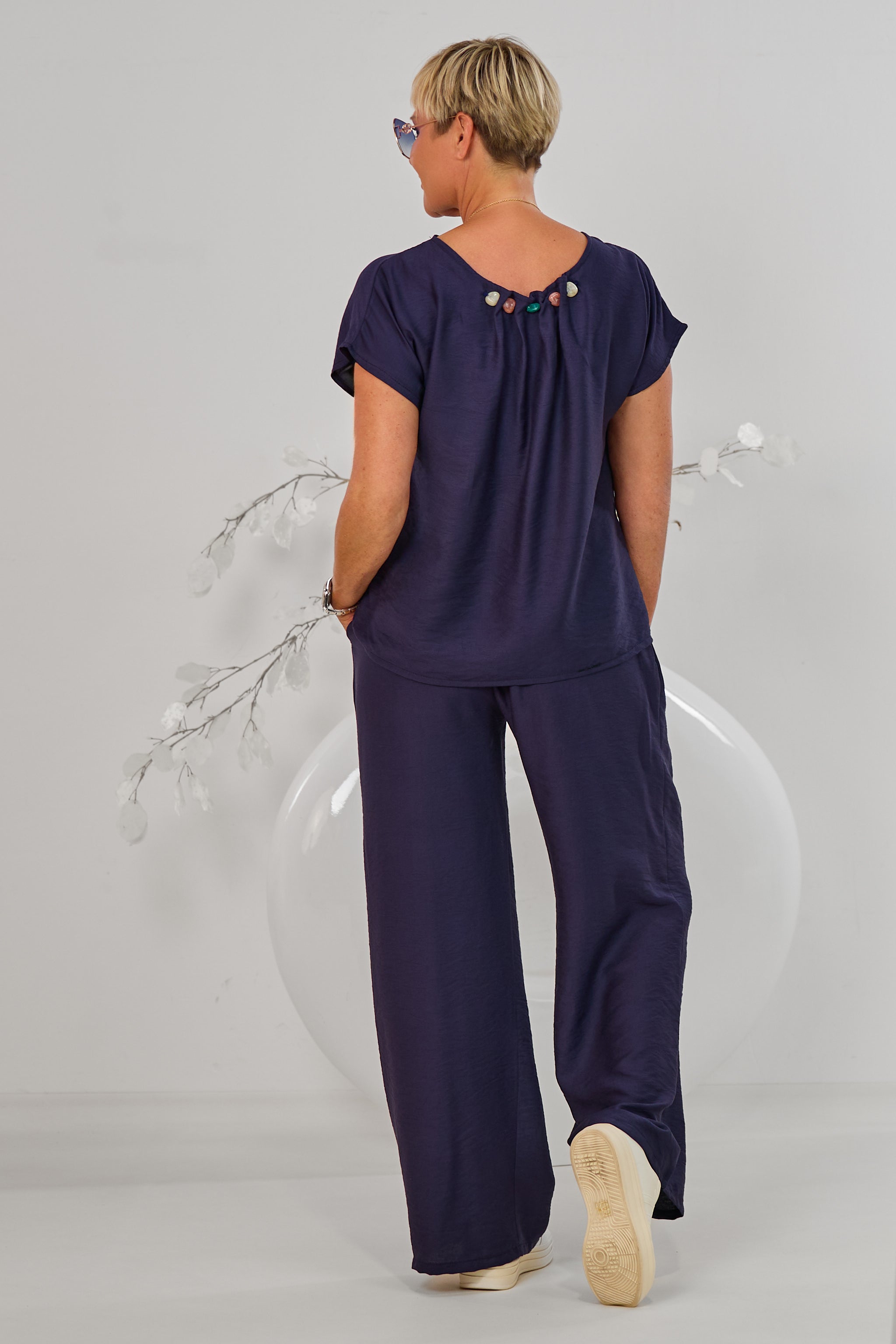 2-tlg. Set aus Bluse und weiter Hose, marineblau