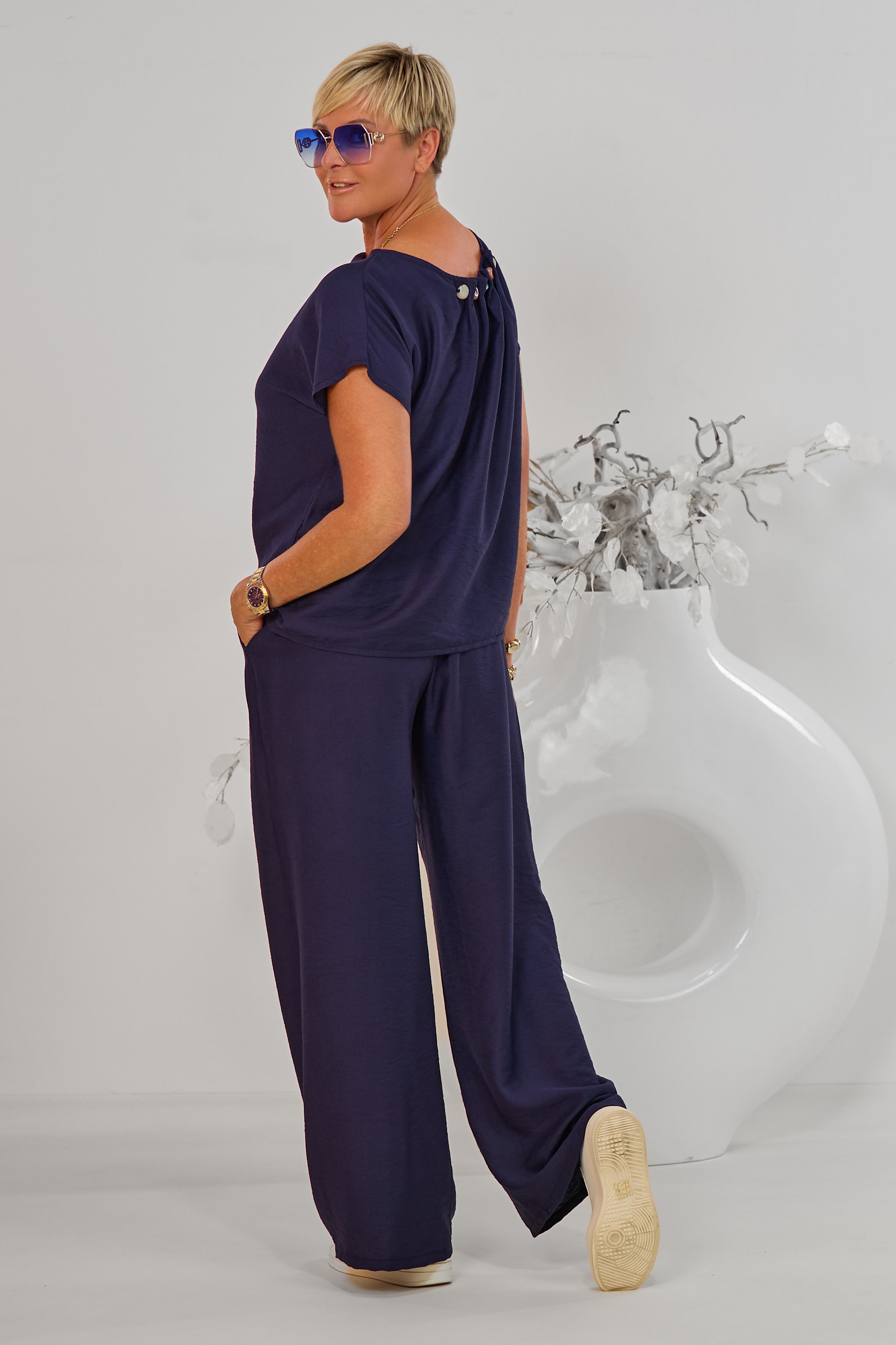 2-tlg. Set aus Bluse und weiter Hose, marineblau