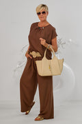 2-tlg. Set aus Bluse und weiter Hose, schokobraun