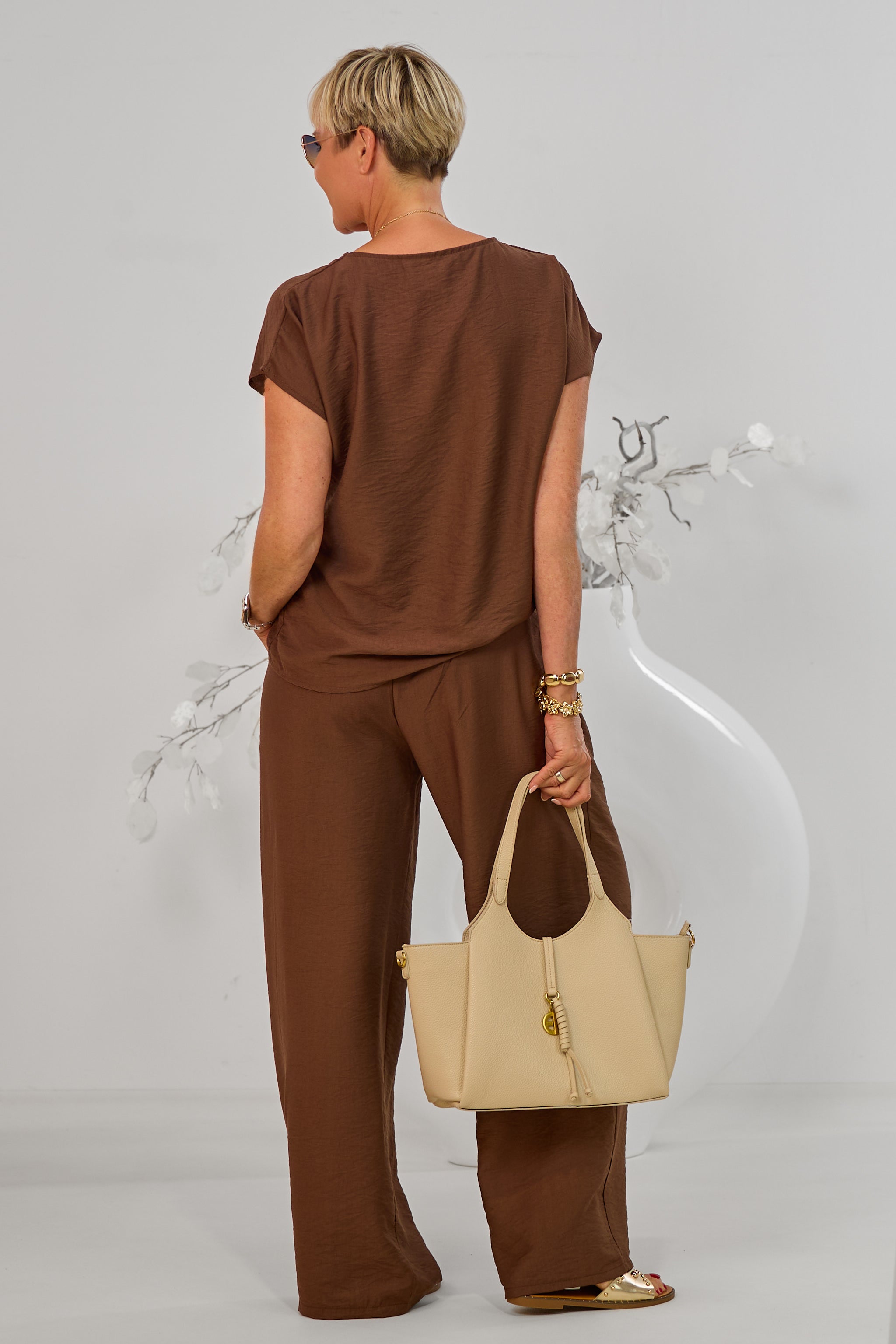2-tlg. Set aus Bluse und weiter Hose, schokobraun