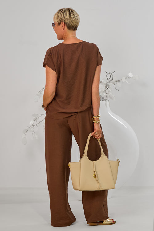 2-tlg. Set aus Bluse und weiter Hose, schokobraun