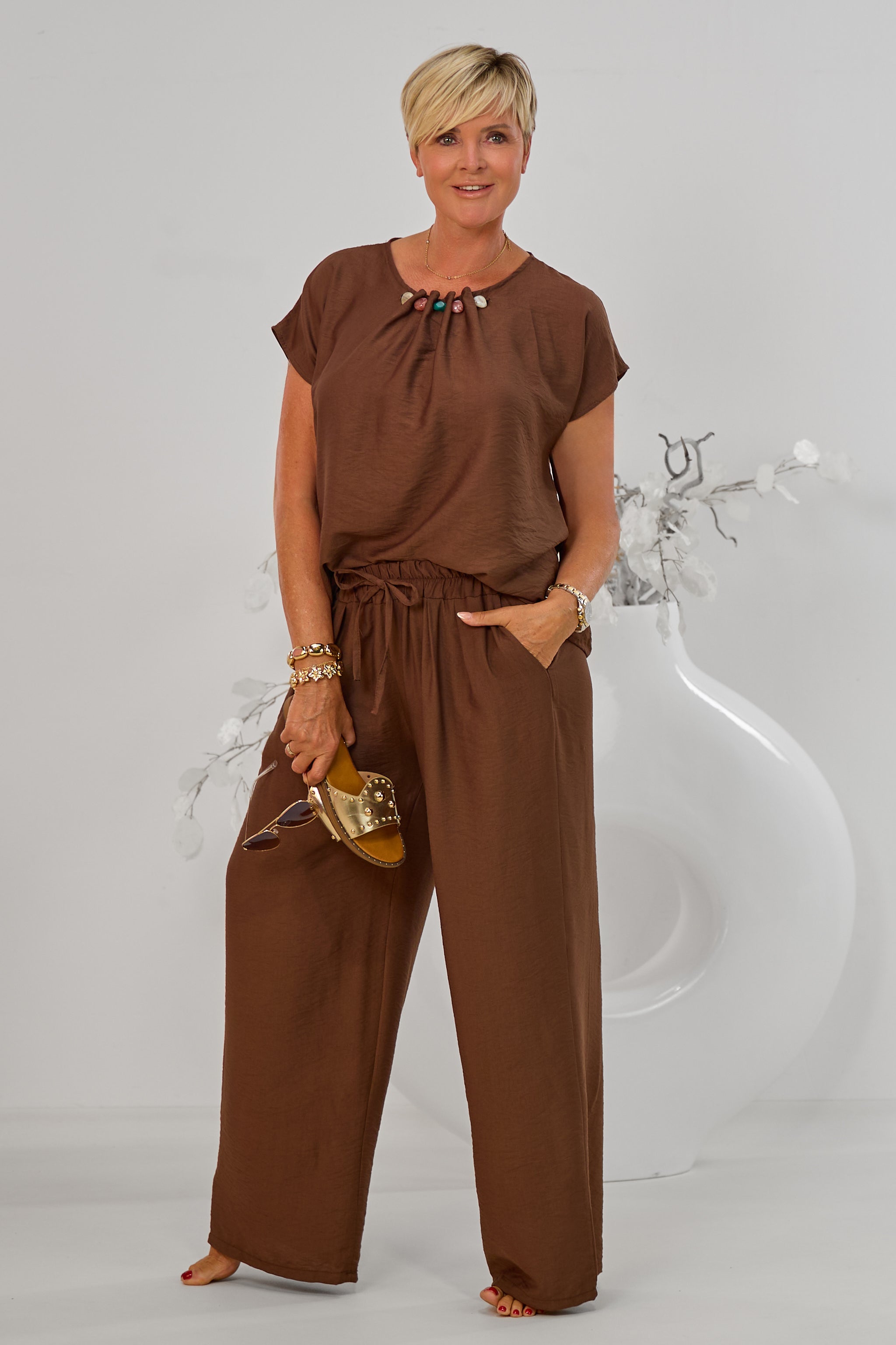 2-tlg. Set aus Bluse und weiter Hose, schokobraun