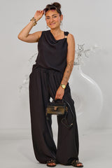 Crinkled 2-piece set consisting of a top and trousers, black