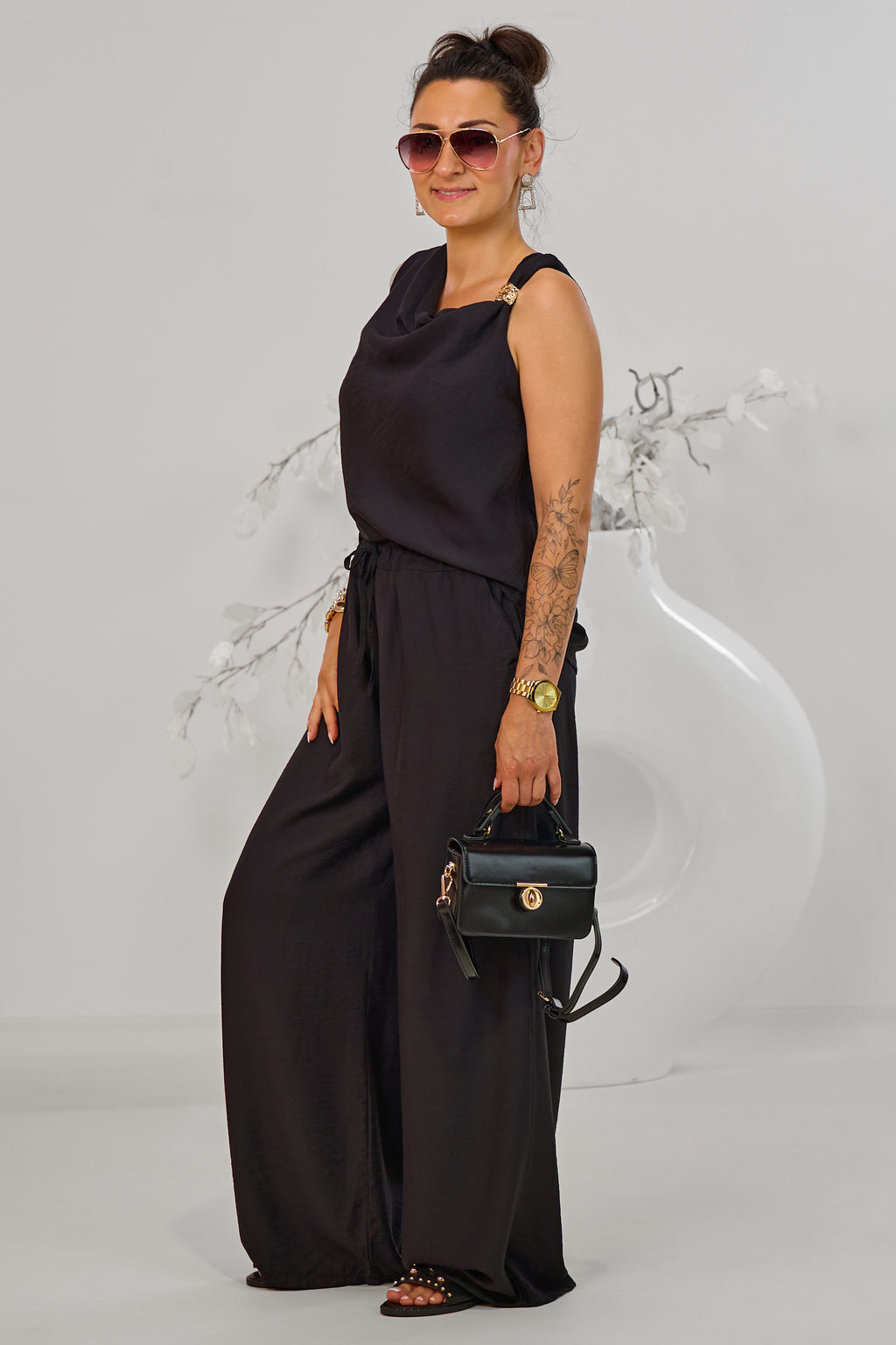 gecrinkeltes 2-tlg. Set aus Top und Hose, schwarz