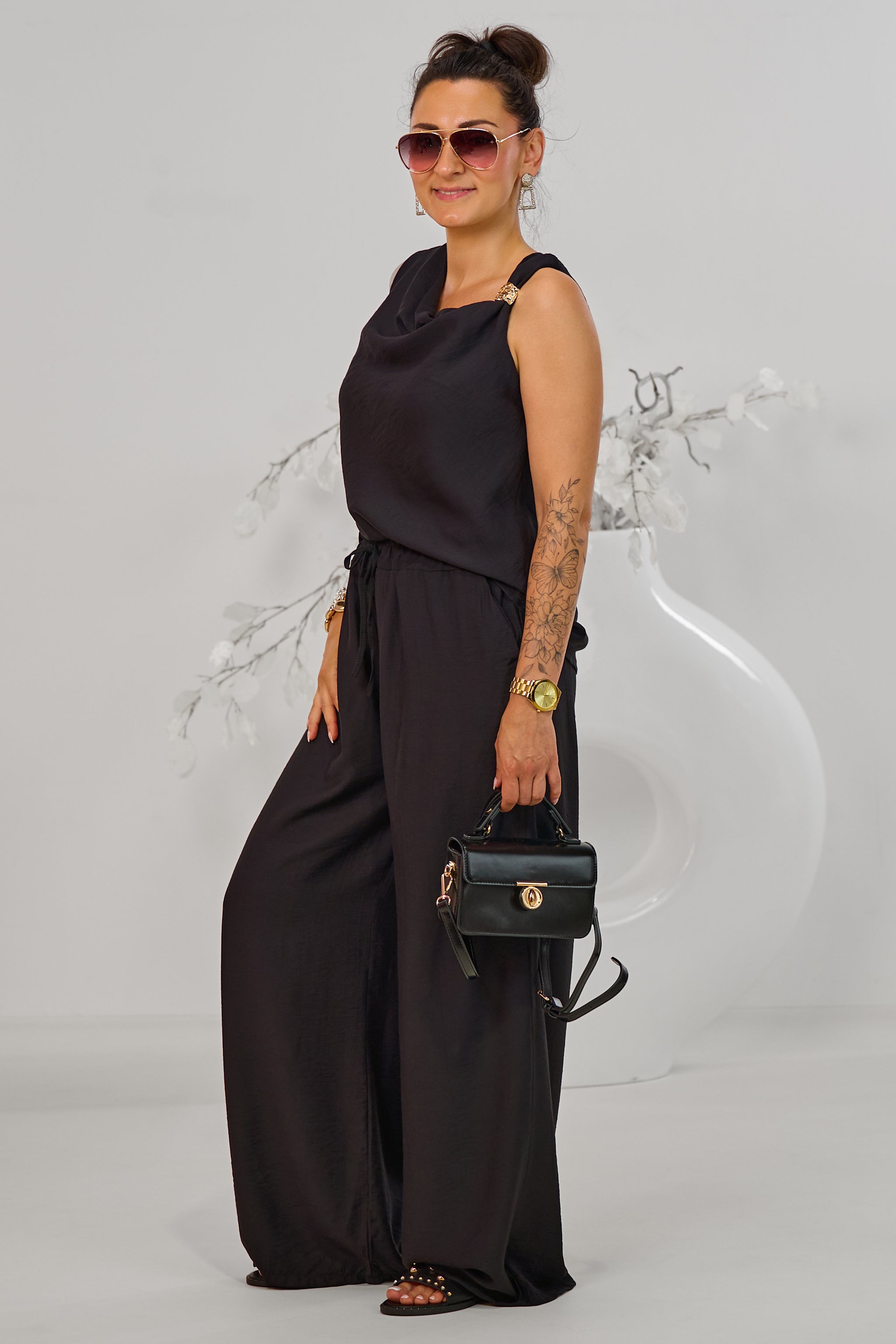 gecrinkeltes 2-tlg. Set aus Top und Hose, schwarz