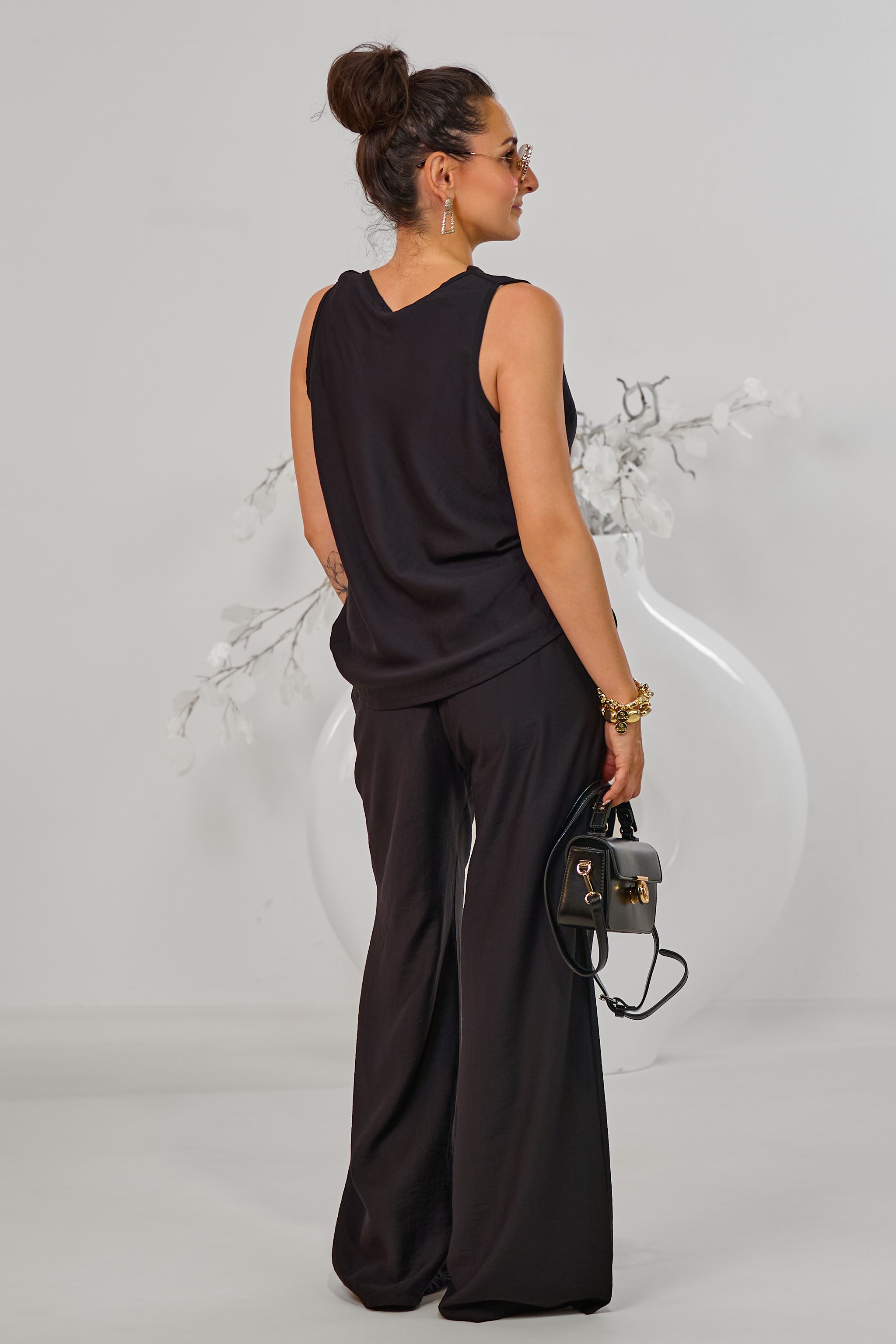 gecrinkeltes 2-tlg. Set aus Top und Hose, schwarz