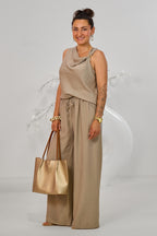 gecrinkeltes 2-tlg. Set aus Top und Hose, stein