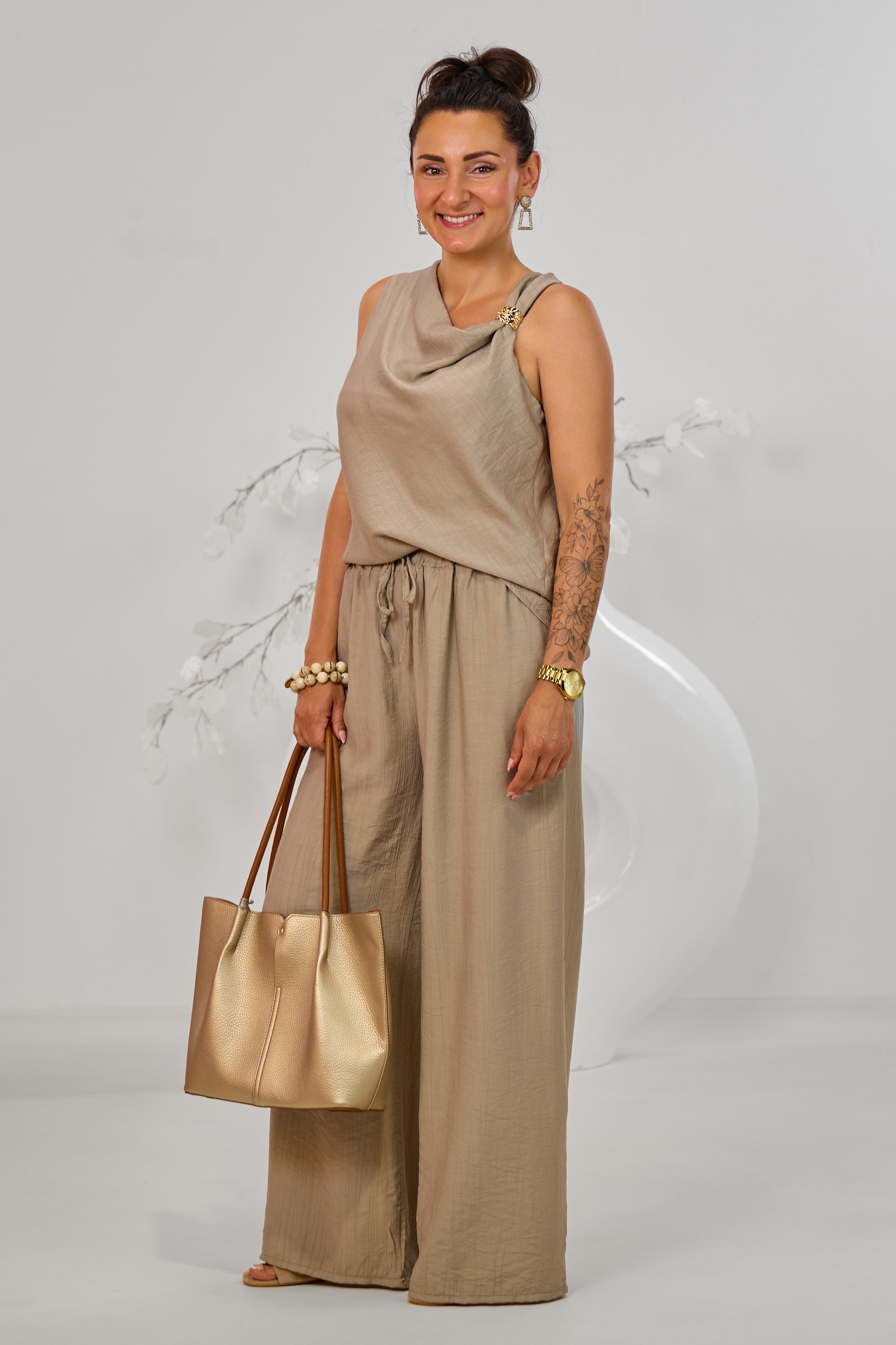 gecrinkeltes 2-tlg. Set aus Top und Hose, stein