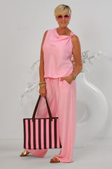 Crinkled 2-piece set consisting of a top and trousers, light pink