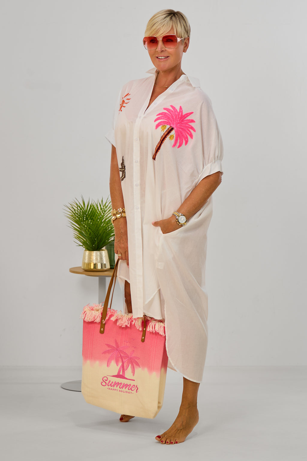 Maxikleid mit Palmen-Motiv, weiß-pink
