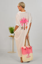 Maxikleid mit Palmen-Motiv, weiß-pink