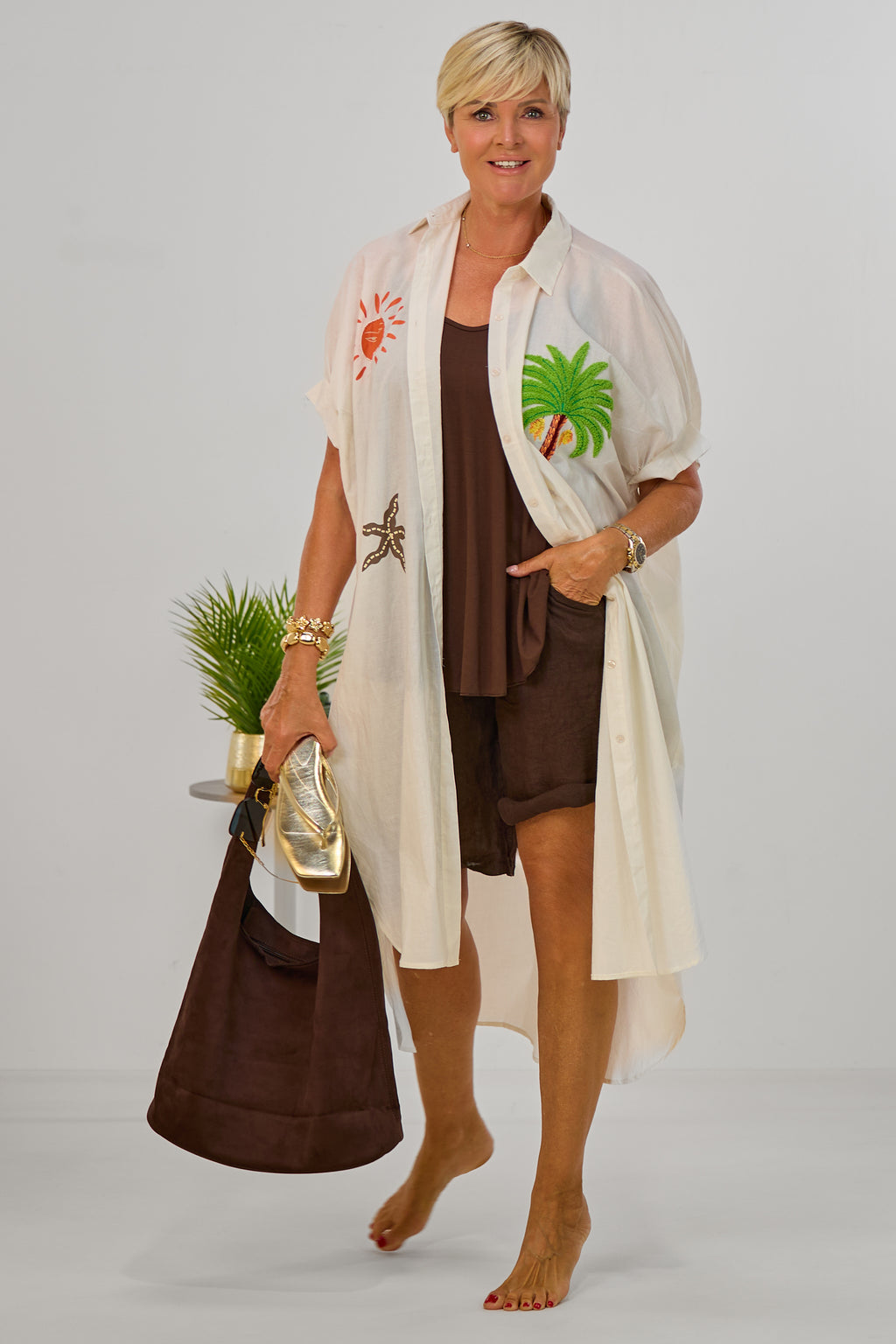 Maxikleid mit Palmen-Motiv, creme-grün
